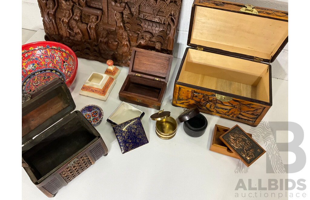 Assorted Trinket Boxes, Wooden Carved Storyboard, Oriental Ceramic Bowl and More - Lot of 11