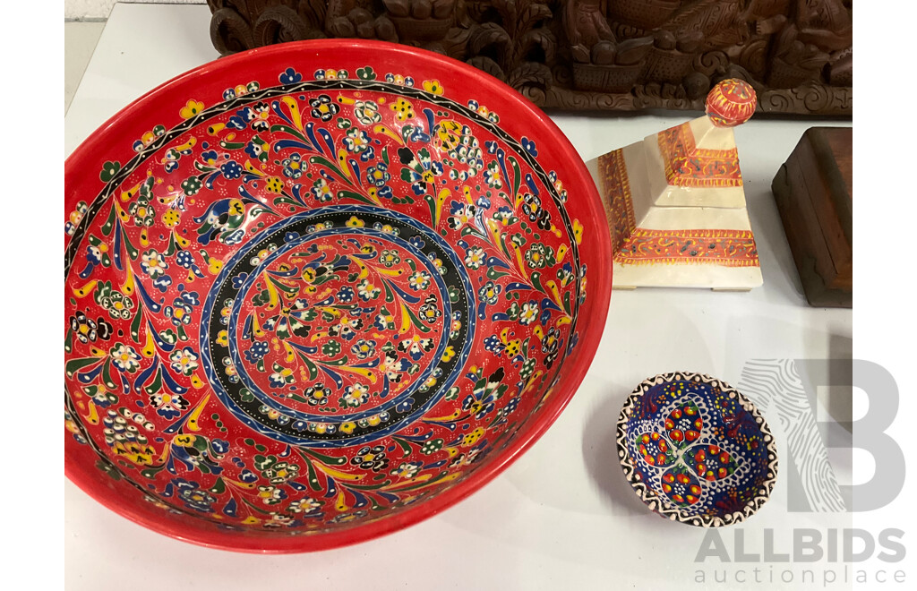 Assorted Trinket Boxes, Wooden Carved Storyboard, Oriental Ceramic Bowl and More - Lot of 11