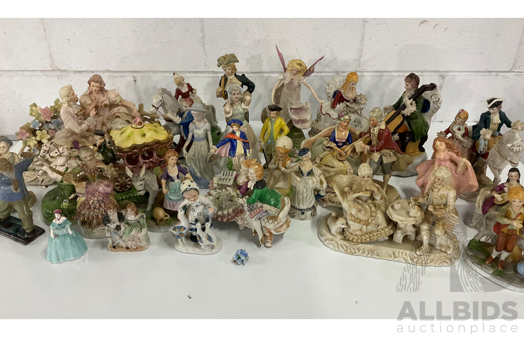 Courting Couple Bisque Figurine Lighted with Music in Style of LENWILE ARDALT and Assorted  Victorian Style and Other Porcelain Ceramic Figurines Collection - Lot of 28