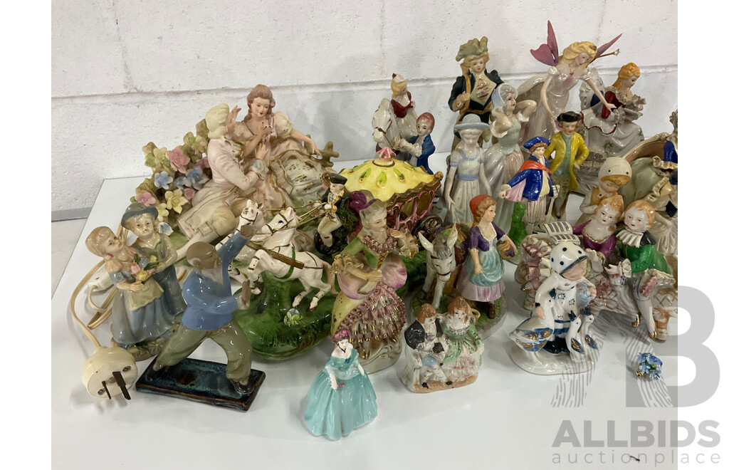 Courting Couple Bisque Figurine Lighted with Music in Style of LENWILE ARDALT and Assorted  Victorian Style and Other Porcelain Ceramic Figurines Collection - Lot of 28