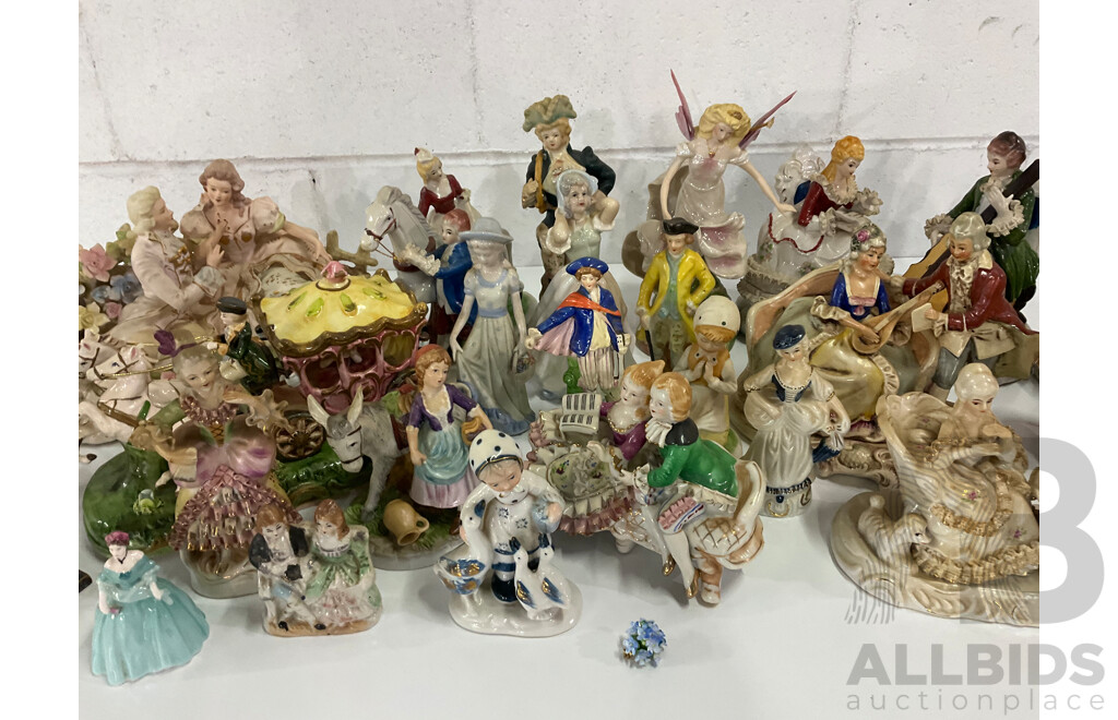 Courting Couple Bisque Figurine Lighted with Music in Style of LENWILE ARDALT and Assorted  Victorian Style and Other Porcelain Ceramic Figurines Collection - Lot of 28