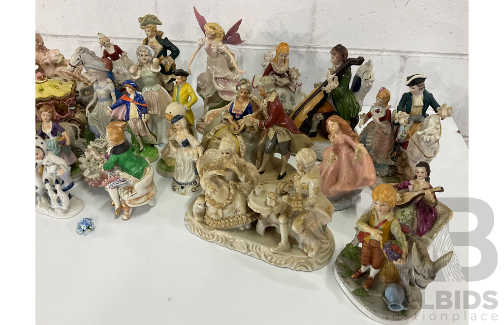 Courting Couple Bisque Figurine Lighted with Music in Style of LENWILE ARDALT and Assorted  Victorian Style and Other Porcelain Ceramic Figurines Collection - Lot of 28