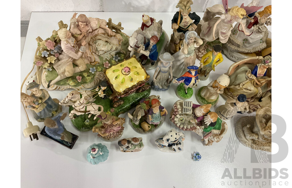 Courting Couple Bisque Figurine Lighted with Music in Style of LENWILE ARDALT and Assorted  Victorian Style and Other Porcelain Ceramic Figurines Collection - Lot of 28
