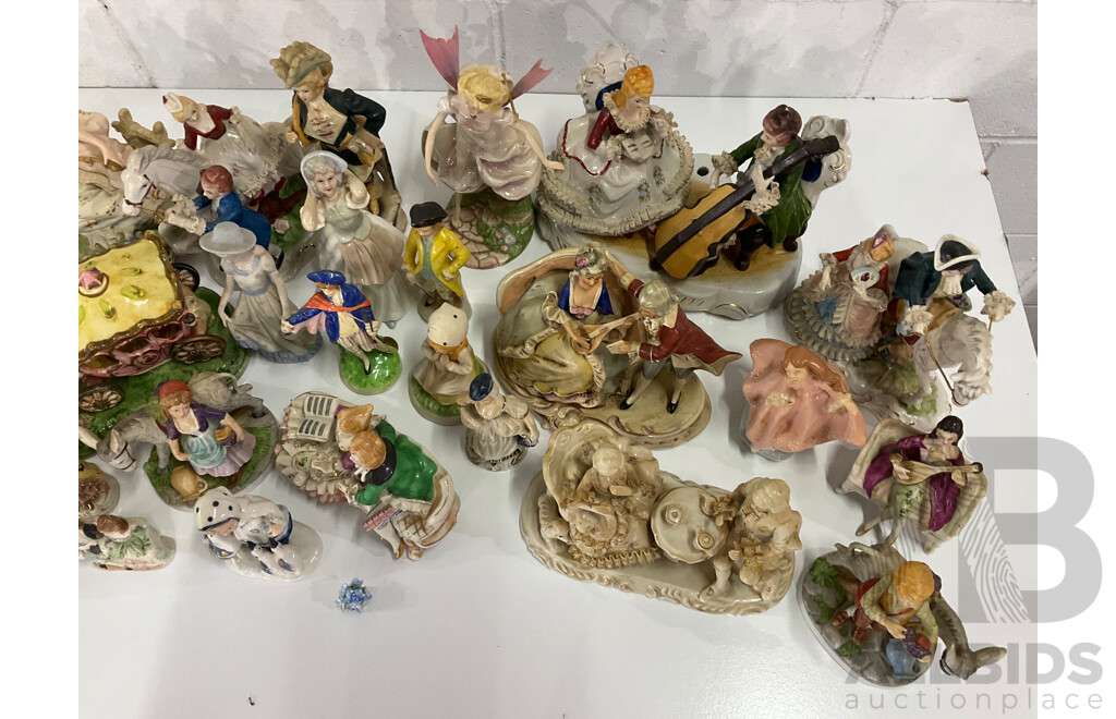 Courting Couple Bisque Figurine Lighted with Music in Style of LENWILE ARDALT and Assorted  Victorian Style and Other Porcelain Ceramic Figurines Collection - Lot of 28
