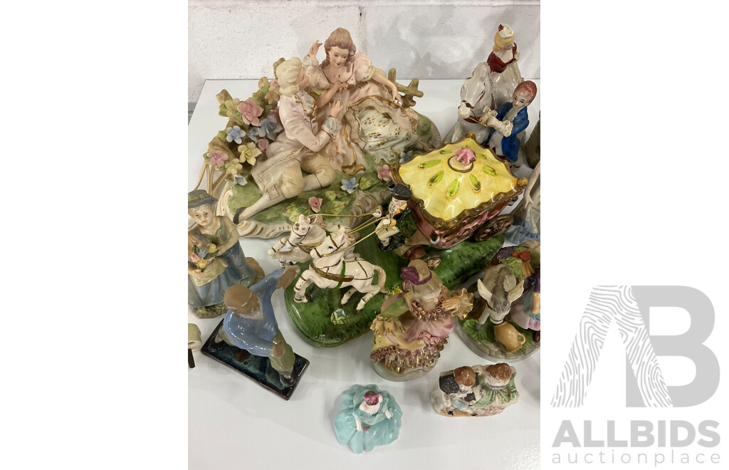 Courting Couple Bisque Figurine Lighted with Music in Style of LENWILE ARDALT and Assorted  Victorian Style and Other Porcelain Ceramic Figurines Collection - Lot of 28
