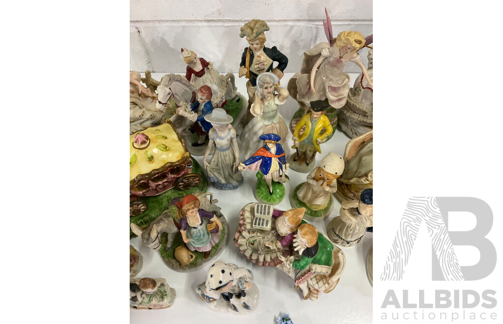 Courting Couple Bisque Figurine Lighted with Music in Style of LENWILE ARDALT and Assorted  Victorian Style and Other Porcelain Ceramic Figurines Collection - Lot of 28