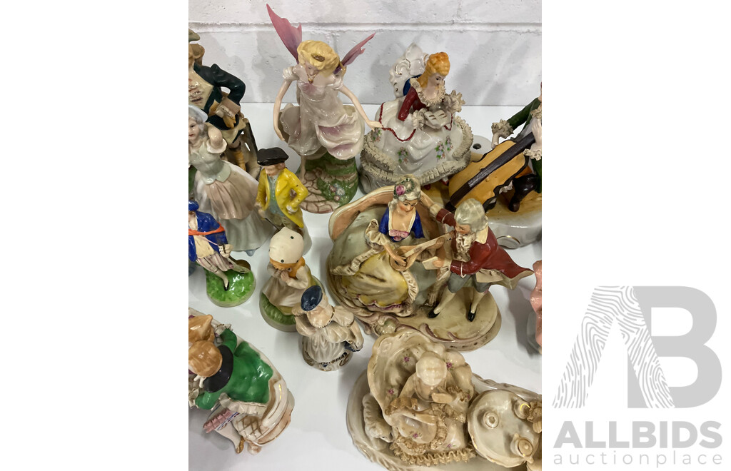Courting Couple Bisque Figurine Lighted with Music in Style of LENWILE ARDALT and Assorted  Victorian Style and Other Porcelain Ceramic Figurines Collection - Lot of 28