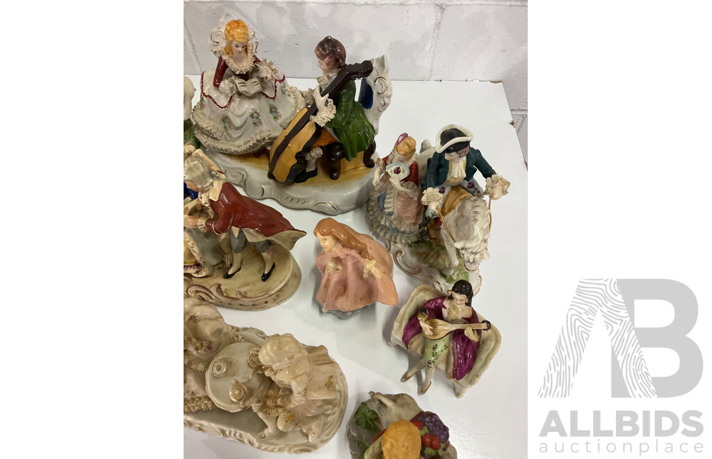 Courting Couple Bisque Figurine Lighted with Music in Style of LENWILE ARDALT and Assorted  Victorian Style and Other Porcelain Ceramic Figurines Collection - Lot of 28
