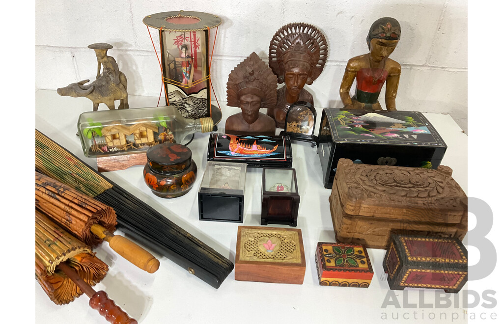 Assorted Trinket Boxes, Bali Klungkung Wood Carved Female Sculptures, Man on Ox, Asian Rice Paper Bamboo Parasols, Japanese Geisha Night Light and More - Lot of 19