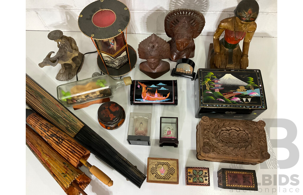 Assorted Trinket Boxes, Bali Klungkung Wood Carved Female Sculptures, Man on Ox, Asian Rice Paper Bamboo Parasols, Japanese Geisha Night Light and More - Lot of 19