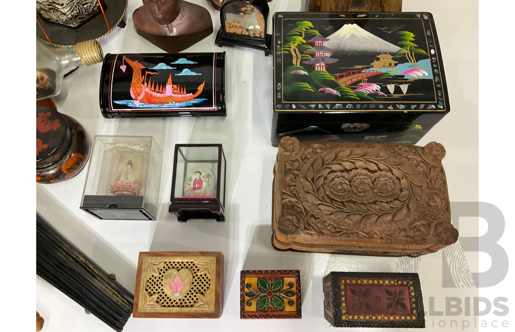 Assorted Trinket Boxes, Bali Klungkung Wood Carved Female Sculptures, Man on Ox, Asian Rice Paper Bamboo Parasols, Japanese Geisha Night Light and More - Lot of 19