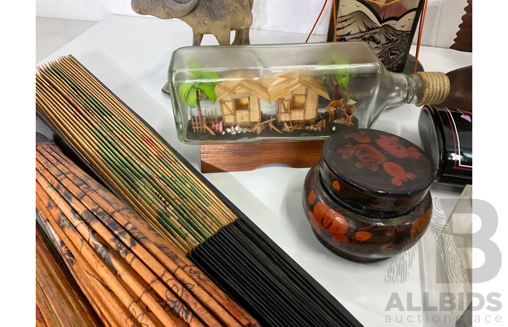 Assorted Trinket Boxes, Bali Klungkung Wood Carved Female Sculptures, Man on Ox, Asian Rice Paper Bamboo Parasols, Japanese Geisha Night Light and More - Lot of 19
