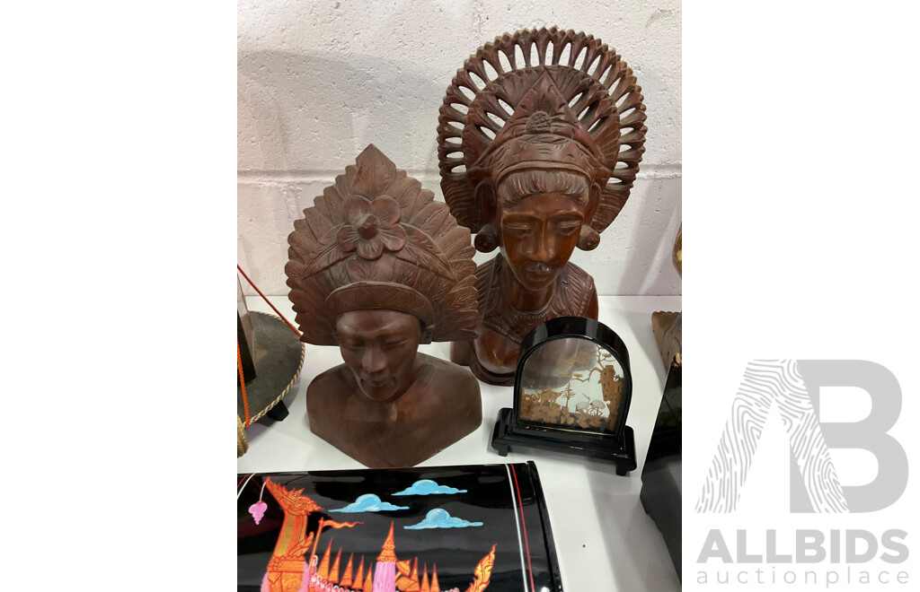 Assorted Trinket Boxes, Bali Klungkung Wood Carved Female Sculptures, Man on Ox, Asian Rice Paper Bamboo Parasols, Japanese Geisha Night Light and More - Lot of 19