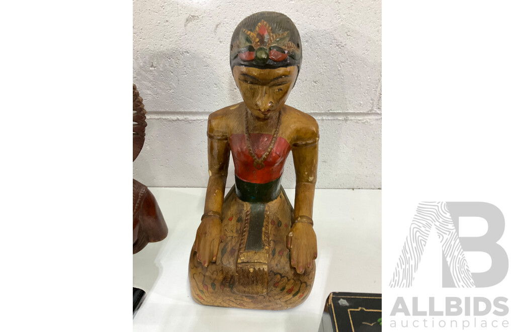 Assorted Trinket Boxes, Bali Klungkung Wood Carved Female Sculptures, Man on Ox, Asian Rice Paper Bamboo Parasols, Japanese Geisha Night Light and More - Lot of 19