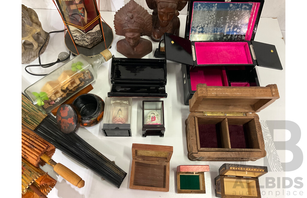 Assorted Trinket Boxes, Bali Klungkung Wood Carved Female Sculptures, Man on Ox, Asian Rice Paper Bamboo Parasols, Japanese Geisha Night Light and More - Lot of 19