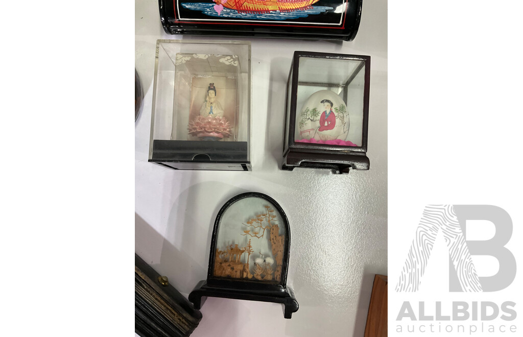 Assorted Trinket Boxes, Bali Klungkung Wood Carved Female Sculptures, Man on Ox, Asian Rice Paper Bamboo Parasols, Japanese Geisha Night Light and More - Lot of 19