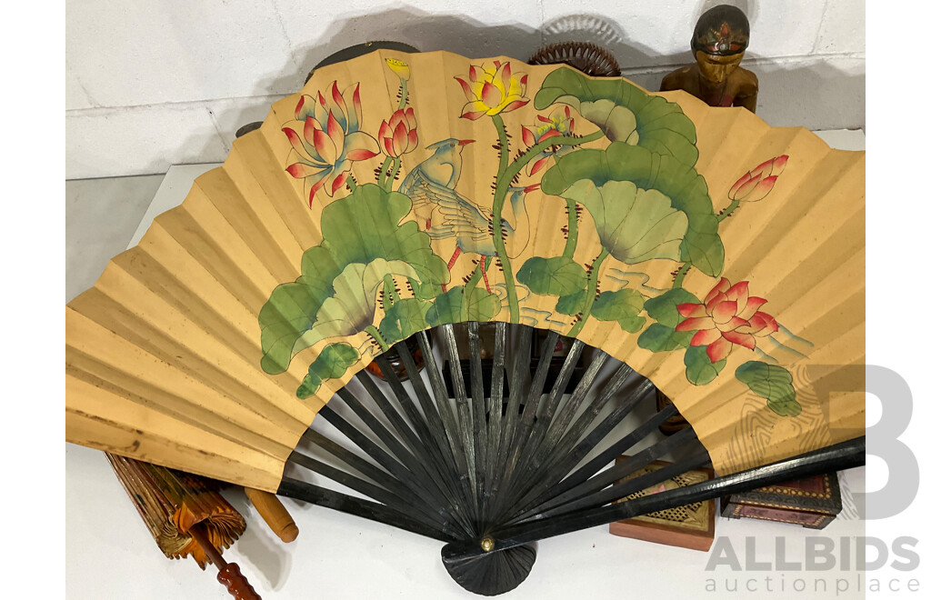 Assorted Trinket Boxes, Bali Klungkung Wood Carved Female Sculptures, Man on Ox, Asian Rice Paper Bamboo Parasols, Japanese Geisha Night Light and More - Lot of 19