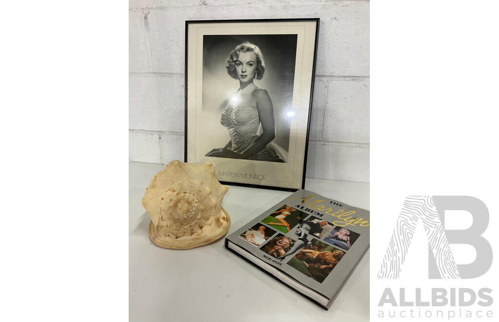 MARLYN MONROE Framed Picture, Book and Large Sea Shell - Lot of 3