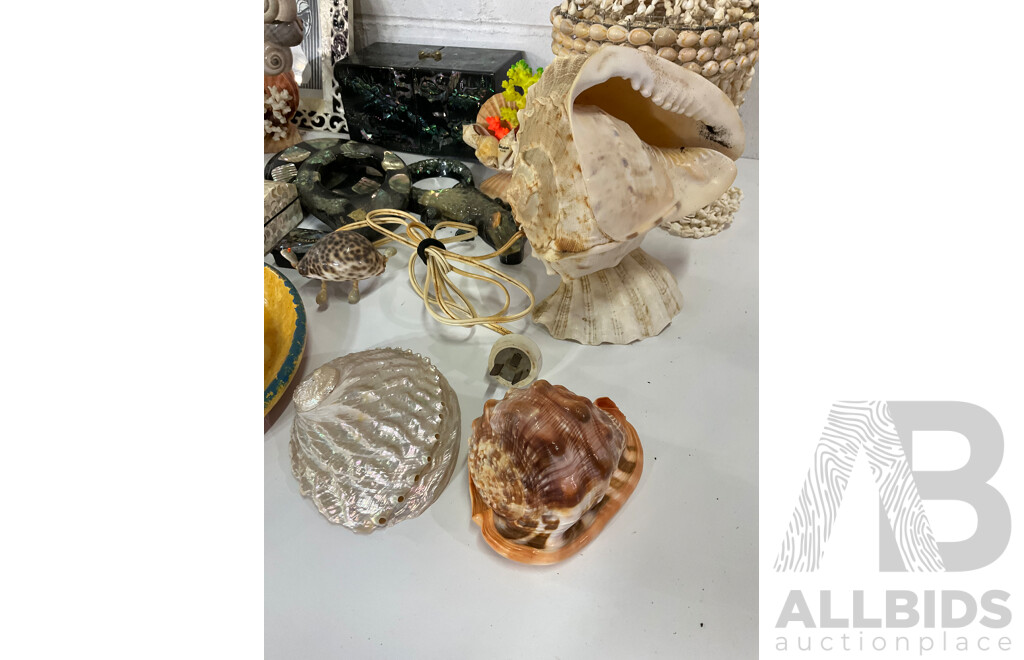 Large Collection of Sea Shell, Including Shell Lamp, Sea Shell Chandelier, Abalone Shell Art, Hot Plate Trivets, Mother of Pearl Shell and More