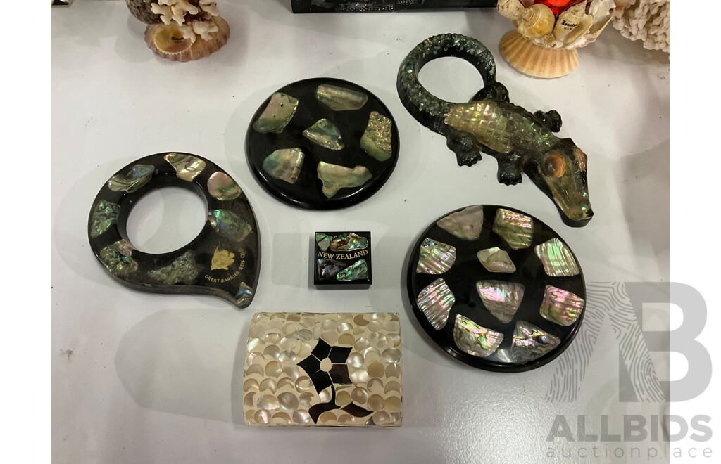 Large Collection of Sea Shell, Including Shell Lamp, Sea Shell Chandelier, Abalone Shell Art, Hot Plate Trivets, Mother of Pearl Shell and More