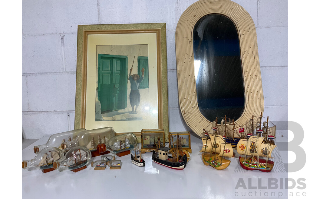 Framed GEORGES MEIS Print of Greece, Oval Rattan Wall Mirror, Large Collection of Natural Marine Themed  Model Ship Boats,  Sailing Ships in Bottle - Lot of 18