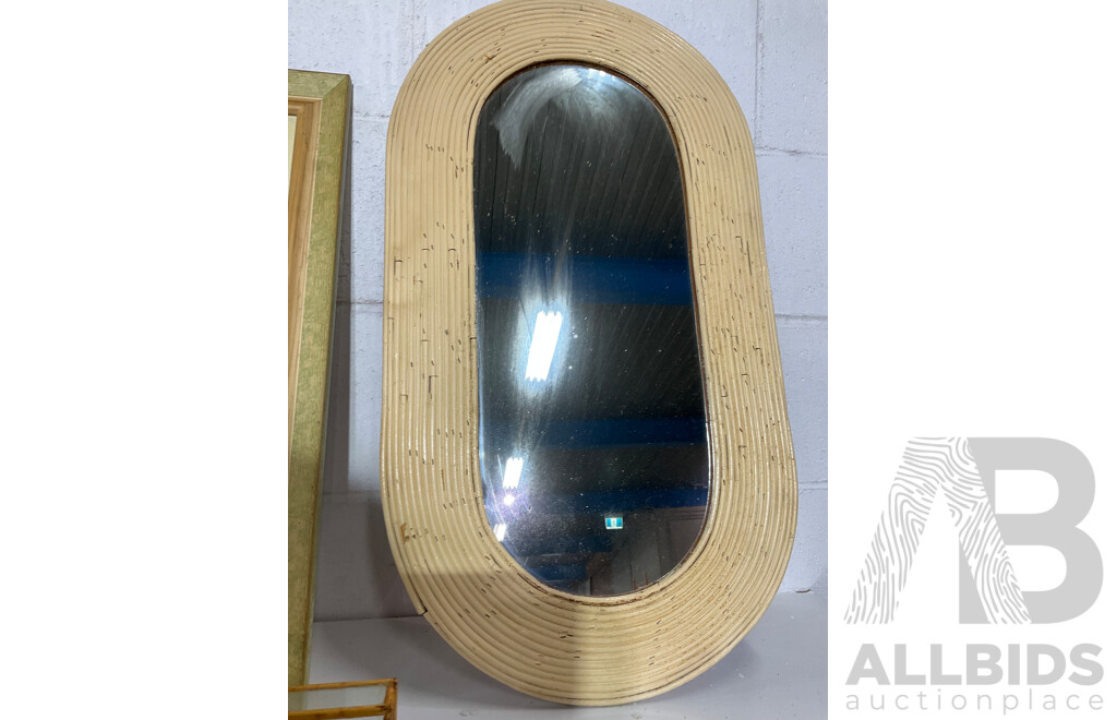 Framed GEORGES MEIS Print of Greece, Oval Rattan Wall Mirror, Large Collection of Natural Marine Themed  Model Ship Boats,  Sailing Ships in Bottle - Lot of 18