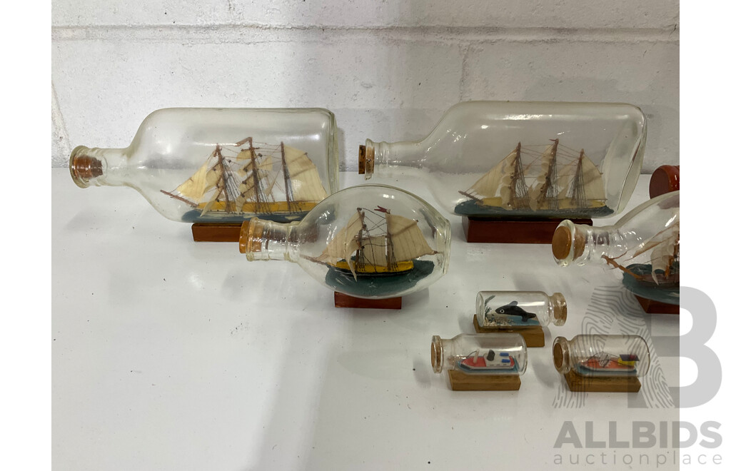 Framed GEORGES MEIS Print of Greece, Oval Rattan Wall Mirror, Large Collection of Natural Marine Themed  Model Ship Boats,  Sailing Ships in Bottle - Lot of 18