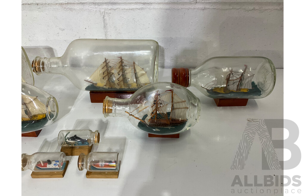 Framed GEORGES MEIS Print of Greece, Oval Rattan Wall Mirror, Large Collection of Natural Marine Themed  Model Ship Boats,  Sailing Ships in Bottle - Lot of 18