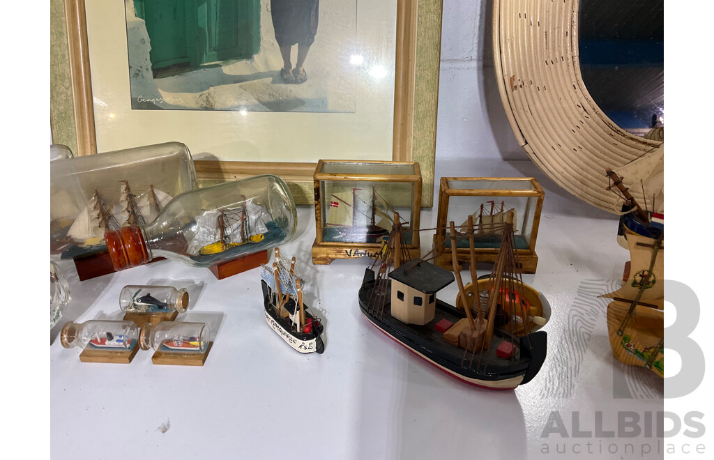 Framed GEORGES MEIS Print of Greece, Oval Rattan Wall Mirror, Large Collection of Natural Marine Themed  Model Ship Boats,  Sailing Ships in Bottle - Lot of 18
