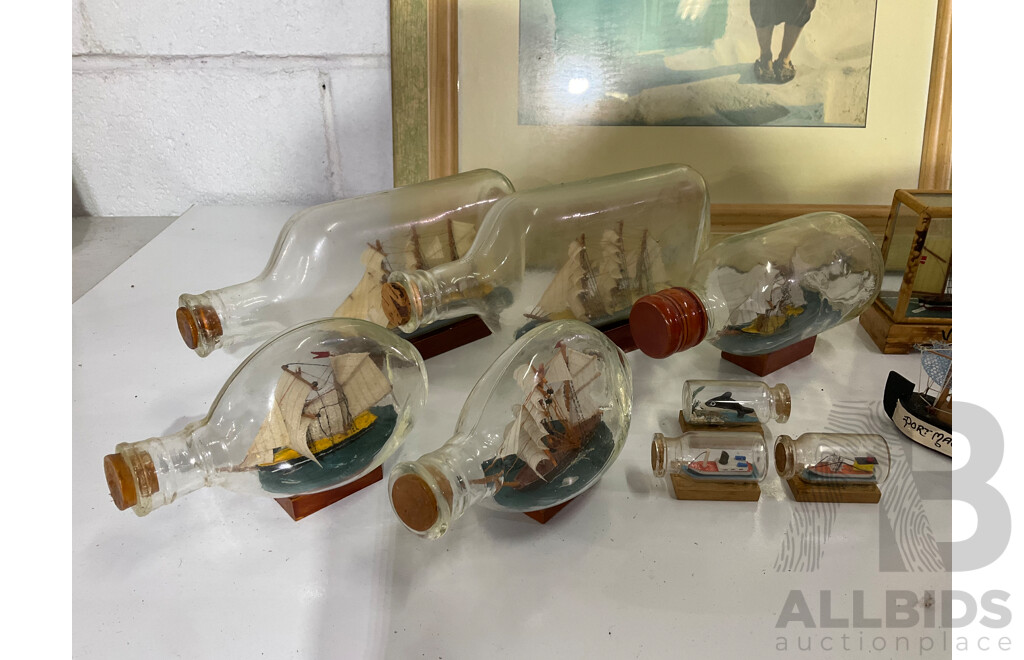 Framed GEORGES MEIS Print of Greece, Oval Rattan Wall Mirror, Large Collection of Natural Marine Themed  Model Ship Boats,  Sailing Ships in Bottle - Lot of 18