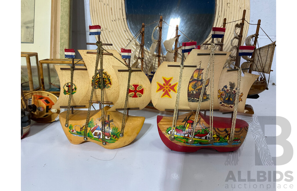 Framed GEORGES MEIS Print of Greece, Oval Rattan Wall Mirror, Large Collection of Natural Marine Themed  Model Ship Boats,  Sailing Ships in Bottle - Lot of 18