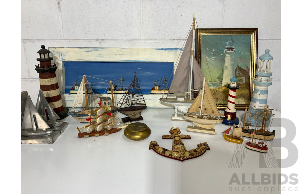 N. HOWE (1981), "Lighthouse" Oil on Board , Together with a Collection of Nautical Themed Items - Lot of 16