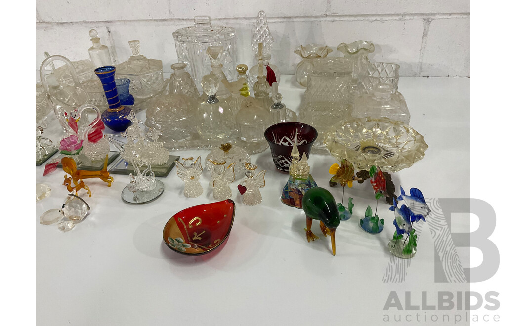 Assorted  Crystal and Glass Collection - Including MURANO Red Glass Plate, Perfume Bottles and More