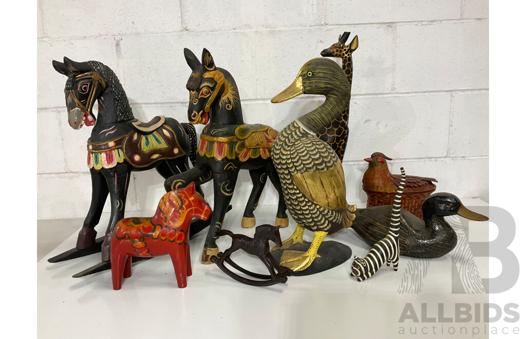 Assorted Carved Wooden Animal Statue Including Rocking Horse, Duck, Giraffe and More  - Lot of 8