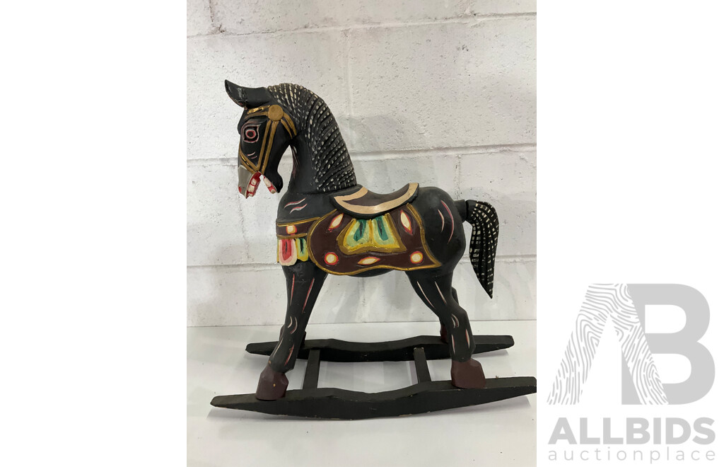 Assorted Carved Wooden Animal Statue Including Rocking Horse, Duck, Giraffe and More  - Lot of 8