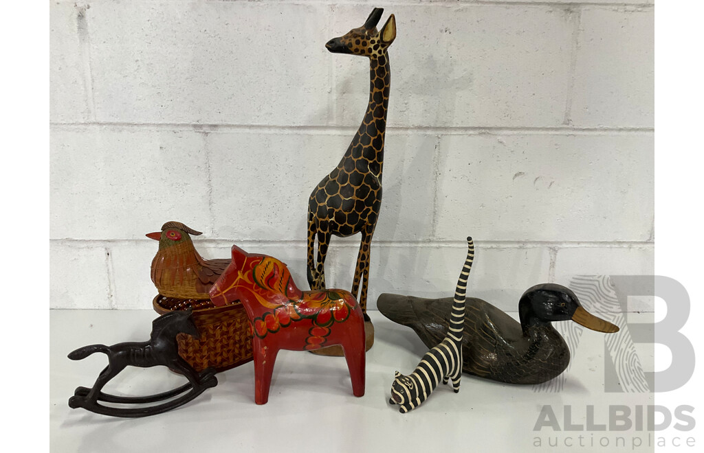 Assorted Carved Wooden Animal Statue Including Rocking Horse, Duck, Giraffe and More  - Lot of 8