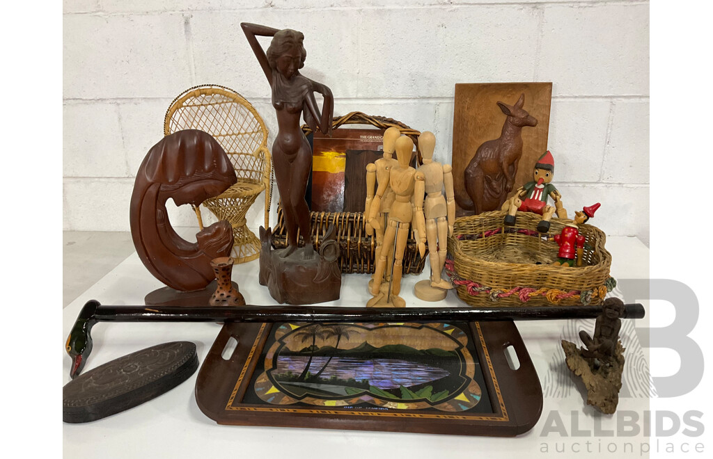 Assorted Australian, Asian and Other Wood Carved Figures Including Pinocchio Wooden Dolls, Mannequins, Butterfly Wing Art Serving Tray, Australia Aboriginal Sculpture, Duck Walking Stick and More  - Lot of 17