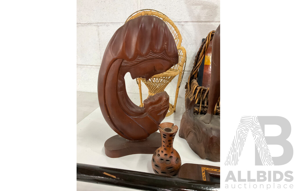 Assorted Australian, Asian and Other Wood Carved Figures Including Pinocchio Wooden Dolls, Mannequins, Butterfly Wing Art Serving Tray, Australia Aboriginal Sculpture, Duck Walking Stick and More  - Lot of 17