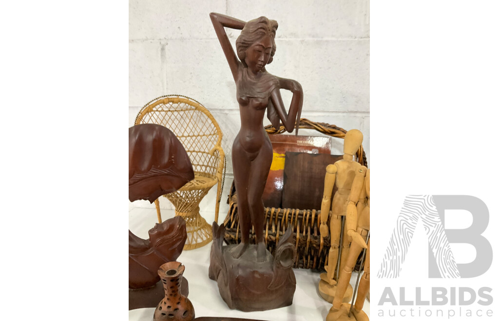 Assorted Australian, Asian and Other Wood Carved Figures Including Pinocchio Wooden Dolls, Mannequins, Butterfly Wing Art Serving Tray, Australia Aboriginal Sculpture, Duck Walking Stick and More  - Lot of 17