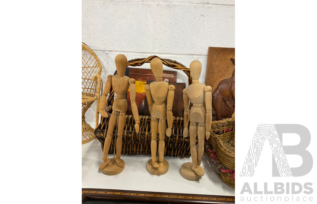 Assorted Australian, Asian and Other Wood Carved Figures Including Pinocchio Wooden Dolls, Mannequins, Butterfly Wing Art Serving Tray, Australia Aboriginal Sculpture, Duck Walking Stick and More  - Lot of 17