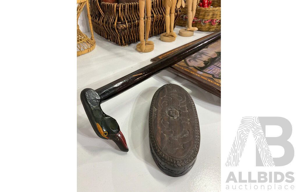 Assorted Australian, Asian and Other Wood Carved Figures Including Pinocchio Wooden Dolls, Mannequins, Butterfly Wing Art Serving Tray, Australia Aboriginal Sculpture, Duck Walking Stick and More  - Lot of 17