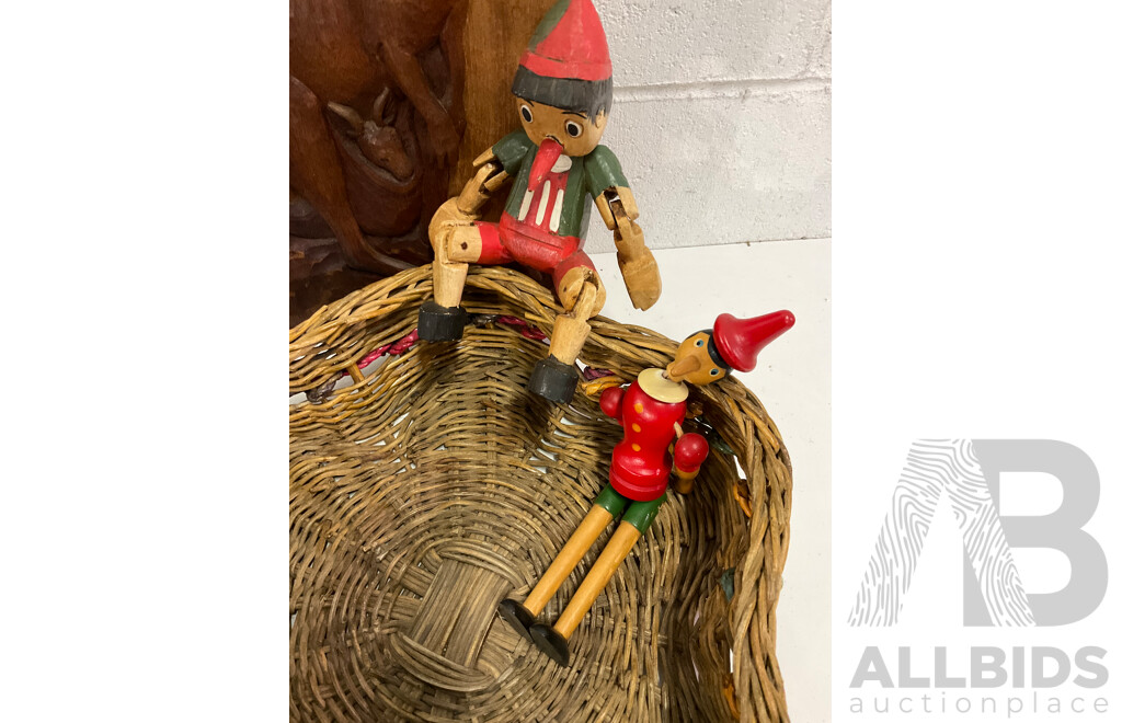 Assorted Australian, Asian and Other Wood Carved Figures Including Pinocchio Wooden Dolls, Mannequins, Butterfly Wing Art Serving Tray, Australia Aboriginal Sculpture, Duck Walking Stick and More  - Lot of 17
