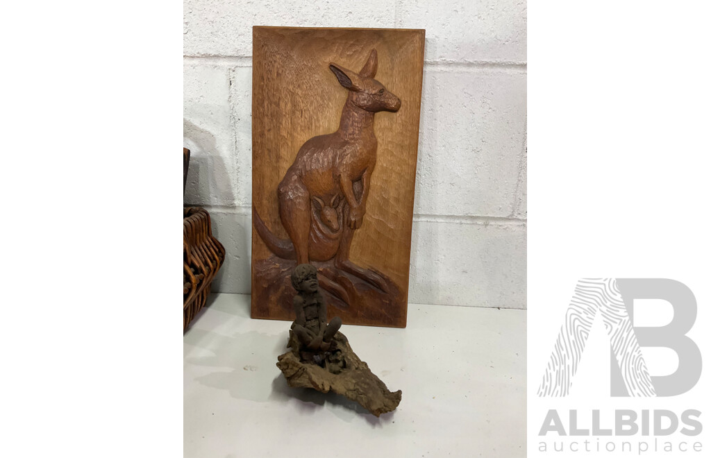 Assorted Australian, Asian and Other Wood Carved Figures Including Pinocchio Wooden Dolls, Mannequins, Butterfly Wing Art Serving Tray, Australia Aboriginal Sculpture, Duck Walking Stick and More  - Lot of 17