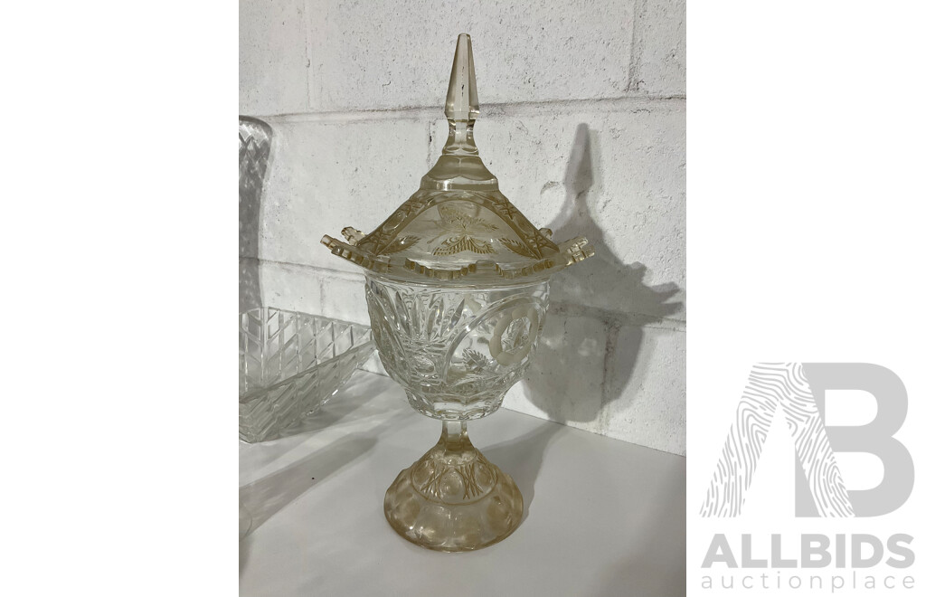Cut Crystal Pedestal Coupe with Butterflies and Floral Decoration, Assorted Crystal Bowls - Diamond Cut Pattern  and More - Lot of 8