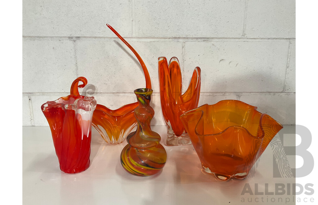 Assorted Orange Art Glass Bowls - Lot of 5