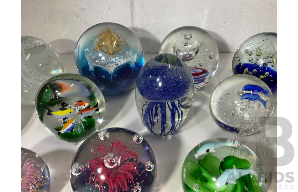 Assorted Glass Paper Weights, Some with Ocean Theme - Lot of 15