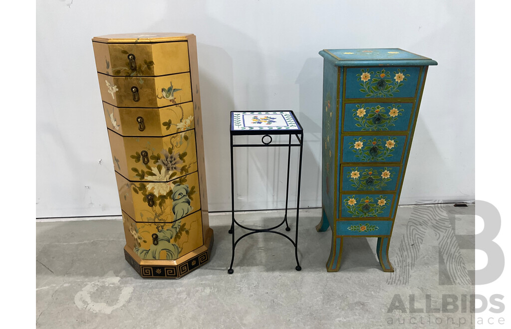 Gilt and Handpainted Octagonal Chest of Six Drawers, with Another Handpainted Example and Jardiniere Stand