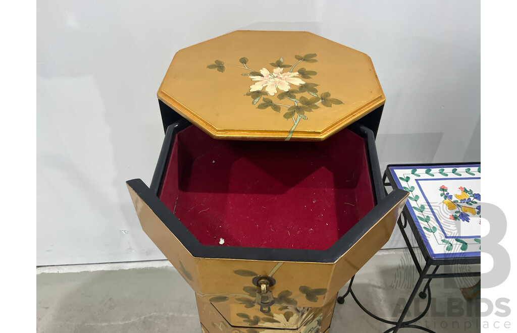 Gilt and Handpainted Octagonal Chest of Six Drawers, with Another Handpainted Example and Jardiniere Stand