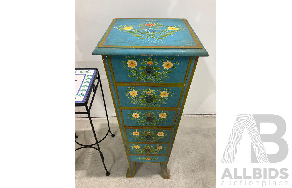 Gilt and Handpainted Octagonal Chest of Six Drawers, with Another Handpainted Example and Jardiniere Stand