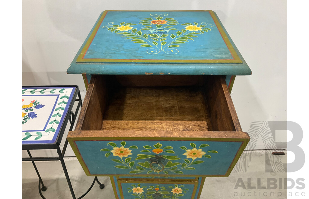 Gilt and Handpainted Octagonal Chest of Six Drawers, with Another Handpainted Example and Jardiniere Stand